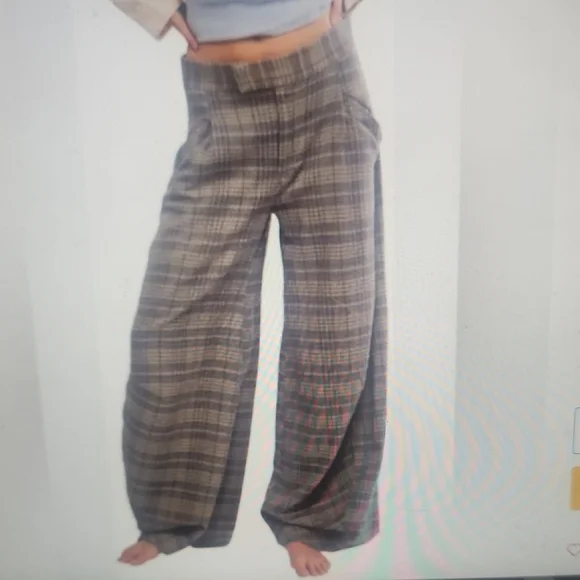 Free People Plaid Regan Barrel Trousers Size 12 - Picture 2 of 5